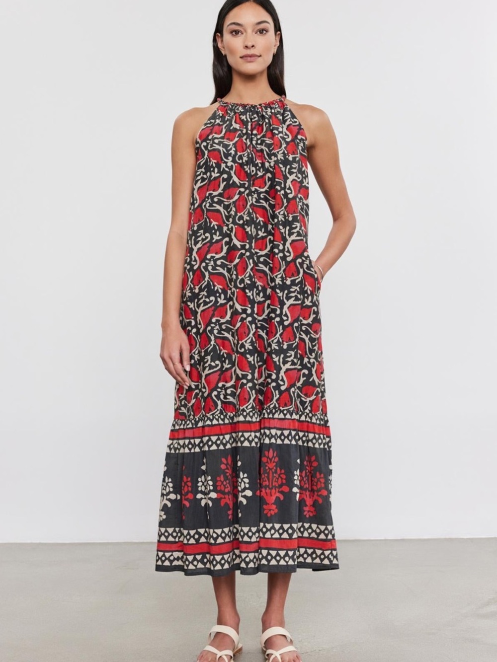 Velvet by Graham & Spencer Red & Brown Printed Halter Maxi Dress